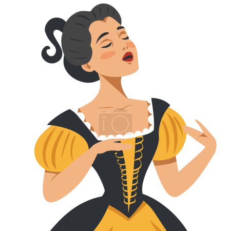 Elegant animated woman singing, wearing historical costume, opera singer performance. Female character performing, dressed classic theatrical attire, expressing musical talent. Cartoon singer, stage
