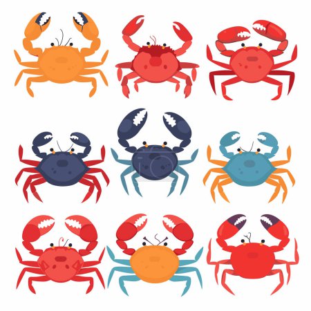 Neuf crabes colorés illustrés style dessin animé, crabe de différentes couleurs, allant orange bleu rouge. ?uvre d'art peut être utilisé contenu éducatif sur la vie marine