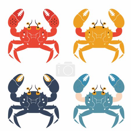 Quatre crabes colorés tenant des griffes de ballons de football américains, illustration sur le thème du sport. Bande dessinée crabes football griffes rouge, jaune, bleu, noir couleurs, fond blanc isolé. Concept créatif combinant