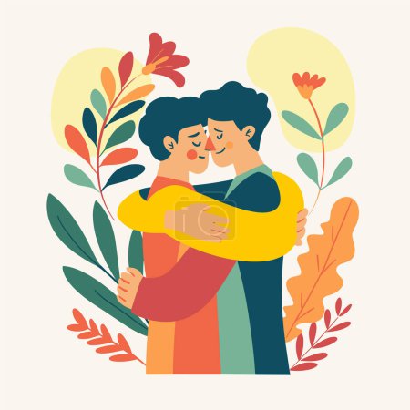 Two people hugging lovingly amidst natureinspired backdrop, individuals appear content, engaged affectionate embrace, encircled stylized foliage. Both characters display sense intimacy comfort