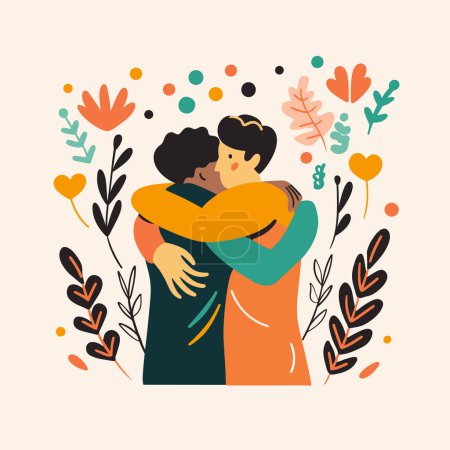 Illustration for Two people embracing surrounded decorative elements. Individuals ambiguous ethnicity hugging, expressing love friendship amid floral background, gender characters not explicitly defined, emotions - Royalty Free Image