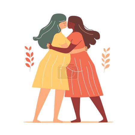 Two women embracing affectionately, diverse ethnicities, expressing friendship love. Female characters colorful dresses, warm gesture, simple flat design, isolated white background. Friendship