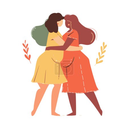 Two women hugging affectionately, intimate moment between friends couple. Adult female characters embracing, showing support love, simple flat design. Casual clothing, warm colors, vector