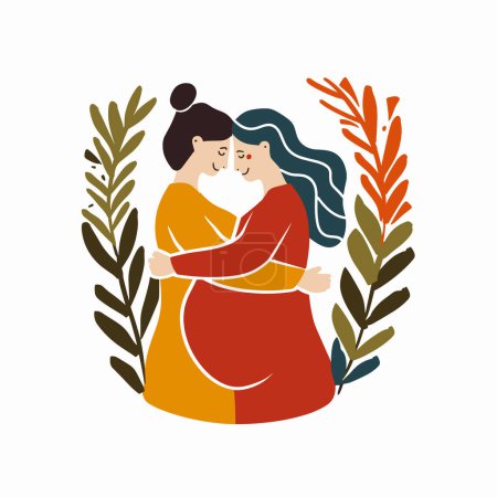 Two women embracing surrounded foliage, one bun blue hair, happiness affection shared. Women close hug, love comfort evident, bright colors simplistic design. Emotive illustration female couple