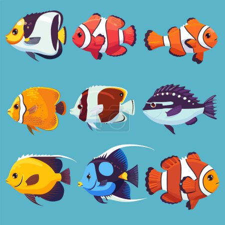 Collection colorful tropical fish illustrations against blue background. Different species showcasing variety patterns colors. Bright cartoon style emphasizes fish features expressions