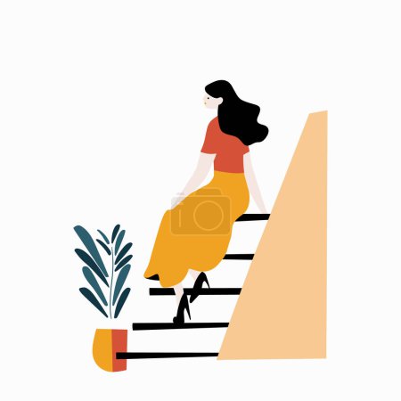 Woman ascending stairs elegant fashion modern minimalist style. Female climbs steps confident stride graphic design artwork. Lady wears red top, yellow skirt, black heels, indoor plant, abstract