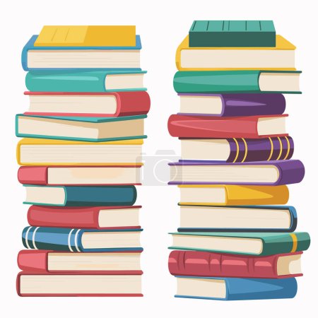 Two stacks colorful books, cartoon style illustration, education knowledge concept. Stacked hardcover textbooks, tall piles literature, isolated white background. Learning, reading, library graphic