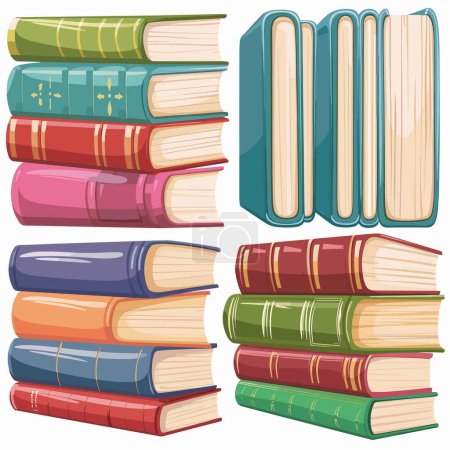 Pila de libros coloridos ilustrados estilo de dibujos animados, pila que muestra las páginas de espinas. Las pilas muestran varios tamaños, orientaciones, colores, sugiriendo tema de lectura de la biblioteca. Cubiertas vibrantes elementos decorativos