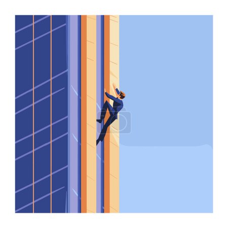 Man climbing skyscraper, city adventurer scaling building walls, urban climber action. Daredevil businessman performing stunt outside office tower, extreme sports city environment. Animated climber