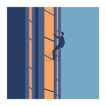 Man climbing corporate ladder metaphor management success career. Ambitious professional male ascending office hierarchy. Determined businessperson striving upwards workplace ambition