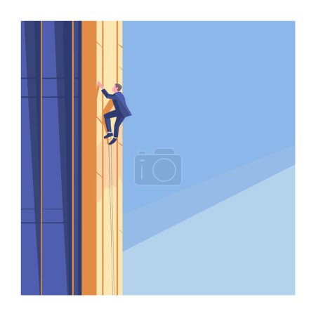 Hombre escalando rascacielos, escalador profesional ascendiendo edificio alto, atrevida aventura urbana. Empresario escalando escalera corporativa, metáfora crecimiento profesional, metas de logro. Traje azul, sin miedo