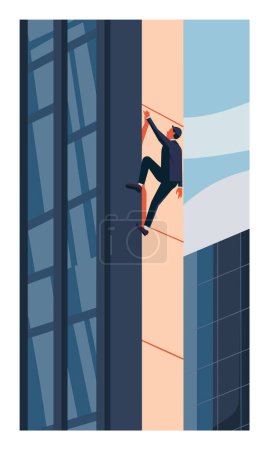 man suit climbs between skyscrapers tightrope. Urban adventurer engages extreme sports amidst city buildings. Modern architecture provides backdrop daring stunt