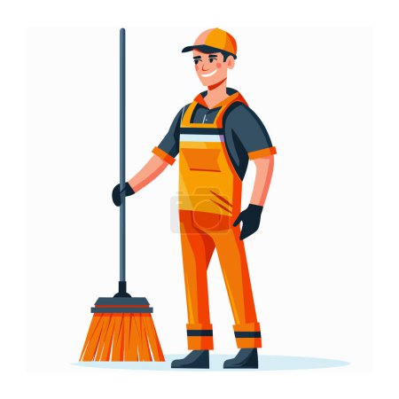 Illustration for Young male janitor standing confidently holding broom, smiling, professional cleaning service uniform, safety gloves, work boots, reflective stripes. Cheerful cartoon cleaner worker, neat janitorial - Royalty Free Image