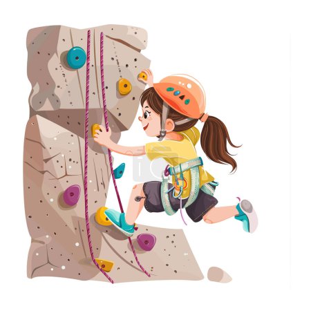 Young girl climbing rock wall, focused determined, wearing helmet harness. Child engaged indoor rock climbing, expressing joy excitement. Cartoon illustration kid doing sport climbing, safety rope