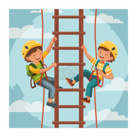 Two children climbing rope ladder outdoors, smiling enjoying adventure sports. Boys wearing helmets harnesses safety during recreational climbing activity. Cartoon illustration youthful climbers