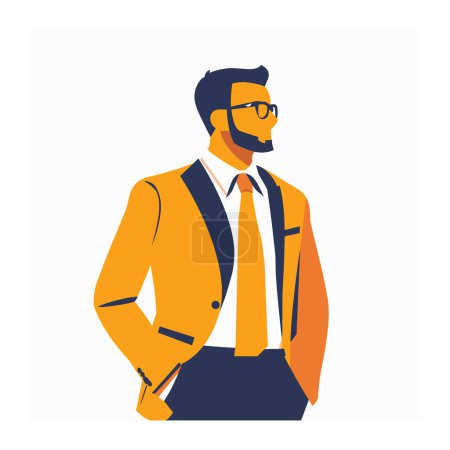 Téléchargez les illustrations : Homme d'affaires debout avec confiance, portant des lunettes de cravate costume jaune. Homme professionnel corporatif dépeint design plat moderne. Élégant exécutif isolé, couleurs vives, illustration vectorielle - en licence libre de droit