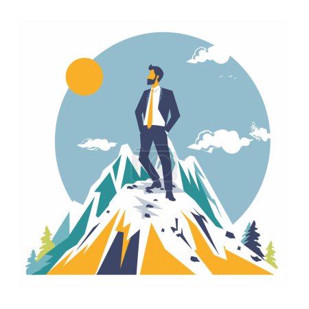 Businessman stands atop mountain peak, success concept, sky backdrop, achievement, leadership, goal attained. Man business suit, mountain summit, victorious pose, blue yellow color theme, stylized