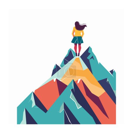 Young woman standing triumphantly mountaintop, wind hair, success achievement concept, colorful geometric mountain peak. Female explorer reaches summit, goal accomplishment, bright scenic view