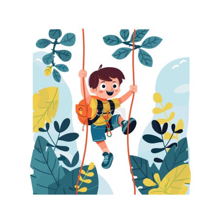 Young boy hiking through jungle, expressing joy enthusiasm, equipped backpack walking sticks. Child adventurous activity, surrounded lush foliage, smiling cheerfully, cartoon style. Happy male kid