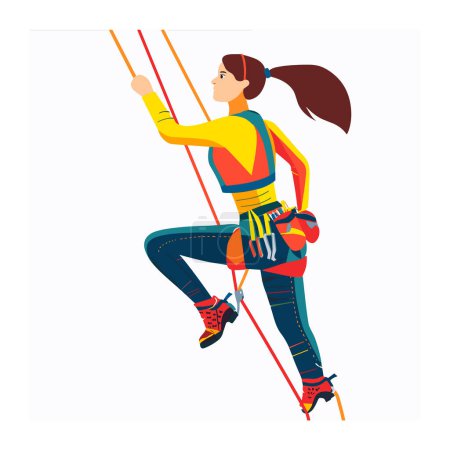 Young woman climbing using ropes engaged rope climbing sport. Female climber ascends vertical surface active lifestyle challenge. Athletic lady equipped harness gear adventure isolated white