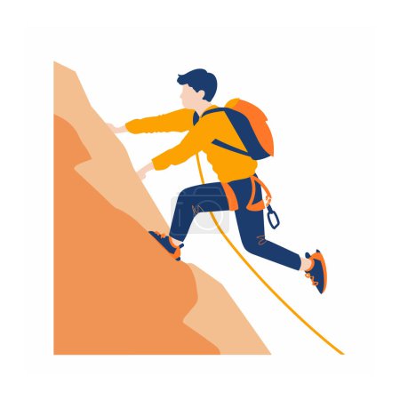 Joven escalador de roca macho ascendiendo acantilado empinado, actividad deportiva de aventura, uso de equipo de escalada, arnés, cuerda. Traje azul naranja escalador determinado, enfocado desafiante escalada, tema de montañismo