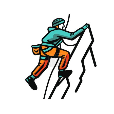 Climber ascending ladder, equipped safety gear, helmet, harness. Sport climbing activity, dynamic pose, stylized vector graphic. Bold colors, determined person, climbing equipment, white backdrop