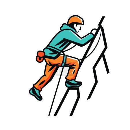 Mann klettert Leiter und trägt Helmgurt. Klettert selbstbewusst die Stufen hinauf, ausgerüstet in die Höhe. Sicherheitsausrüstung während des Aufstiegs, isolierte Abbildung auf weißem Hintergrund