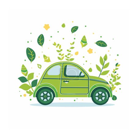 Umweltfreundliche grüne Auto umgeben Blätter Pflanzen, die für nachhaltige Transport saubere Energie. Kompaktfahrzeug fördert umweltbewusste Entscheidungen, grüne Technologie, Mobilität der Zukunft