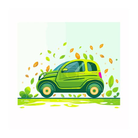 Coche ecológico que conduce a través de hojas que representan el transporte respetuoso con el medio ambiente. Concepto de vehículo eléctrico que ilustra la tecnología automotriz sostenible entre el follaje de otoño. Verde