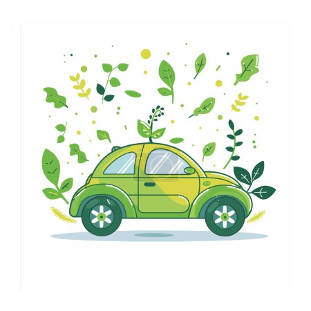 Umweltfreundliches Auto umgeben von grünen Blättern Punkte. Grünes Fahrzeug, Umweltschutzkonzept. Nachhaltiger Transport, energieeffizientes Autodesign