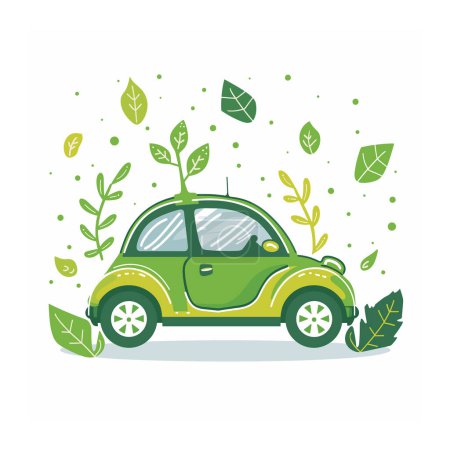 Umweltfreundliches grünes Auto, umgeben von Blättern, die Nachhaltigkeit symbolisieren. Cartoon-Ökomobil fördert das Umweltbewusstsein. Grüne Anlagenelemente für Automobilkonzepte stehen für saubere Energie