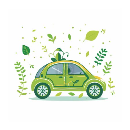 Ecofriendly car surrounded green leaves vines, symbolizing environment conservation. Conceptual green car promoting sustainable. Compact vehicle, eco concept, mobility