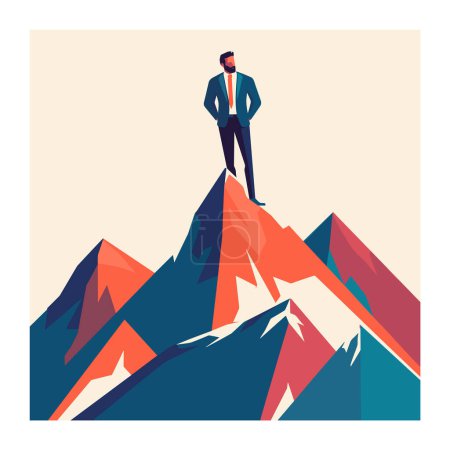 Man standing peak mountain, symbolizing success, achievement, leadership. Businessman reached summit, representing goal attainment, career growth. Confident male figure overlooking mountainscape