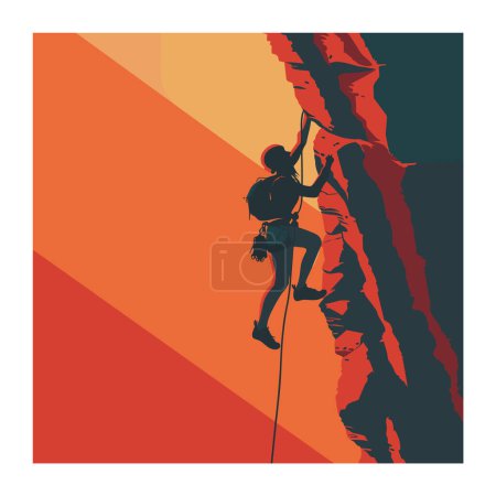 Silhouetted rock climber ascending steep cliff face against red orange gradient background. Extreme sports adventure, female climber gear, determination concept. Climbing activity, silhouette person