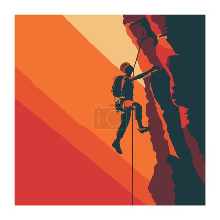 male rock climber ascends cliff harness rope, set against orange red sunset background. Climbing equipment visible climber exhibits strength focus, silhouette determined against vibrant colored