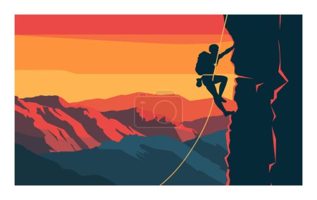 Climber silhouette scaling steep cliff majestic sunset mountain landscape adventure. Silhouetted mountaineer rock climbing dawn dusk vibrant sky outdoor sports vector illustration. Extreme sport