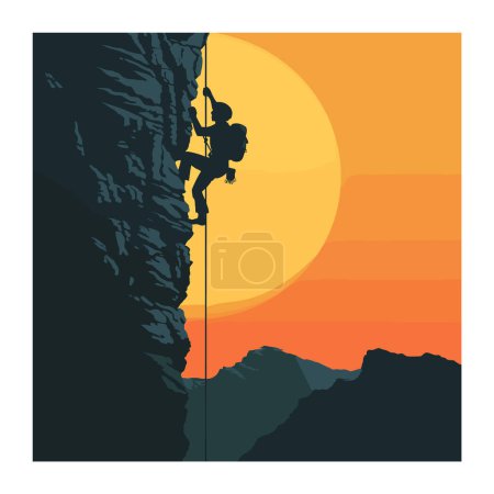 Silhouetten-Bergsteiger erklimmt steile Klippen vor der lebhaften Kulisse des Sonnenuntergangs. Abenteuerliche Kletterexpedition hoch über den Berggipfeln. Extremsportherausforderung im Freien während der goldenen Stunde