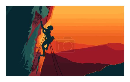 Silhouetted climber ascends steep cliff against orange sunset. Rock climbing adventure silhouette, outdoor extreme sport. Sunset landscape climber, mountains, adventure theme illustration
