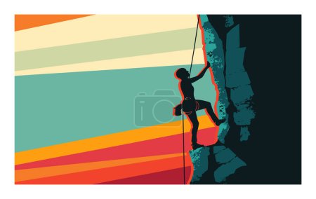 Escalador silueta ascendente acantilado rocoso sobre fondo colorido rayado puesta del sol. Deportes extremos roca escalada mujer silueta de acción. Aventura estilo de vida escalador escala acantilado vector dinámico