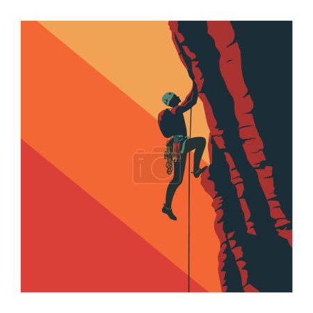 Rock climber scaling steep cliff, dramatic shadows cast sunset. Adventure sport climbing, athlete dangling gear. Extreme outdoor climbing activity, bold male climber rope