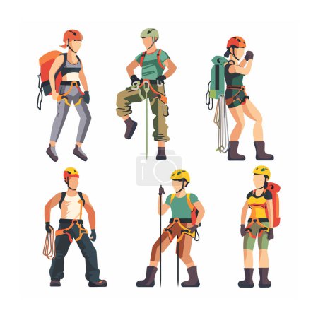 Six climbers depicted, three male, three female, various climbing gear. Climbers helmets, harnesses, backpacks, ready adventure. Vector illustration diverse mountaineering outfits, trekking attire