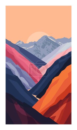 Stylized vector illustration mountain landscape during sunset. Vibrant colors geometric shapes creating abstract mountain ranges. Minimalist sunset scene warm cool hues
