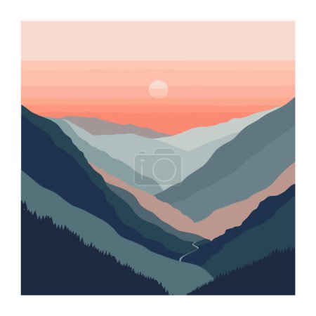 Schichtete Berglandschaft Sonnenuntergang Vektor Illustration. Sonnenaufgang über den Bergen rosa Himmel minimalistisches Design. Sonnenuntergang hinter Gipfeln, Pastellfarben, Gelassenheit Kunstwerk der Natur