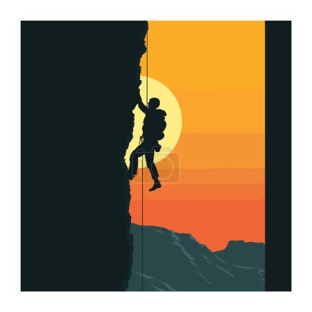 Silhouetted climber ascending rocky cliff against sunset background. Adventurous spirit conquering mountain peak during golden hour. Extreme sports enthusiast engaging rock climbing dusk