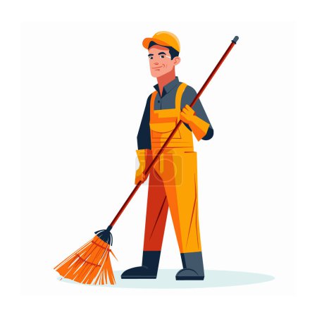 Male janitor cartoon character holding broom, standing confidently, wearing orange gray uniform. Young cleaner cleaning equipment, performing maintenance work, vector illustration service worker