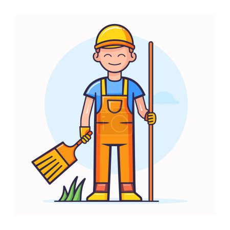 Cartoon construction worker smiling, holding shovel wooden plank. Young male builder character wearing safety helmet, gloves, orange overalls. Childfriendly style worker illustration