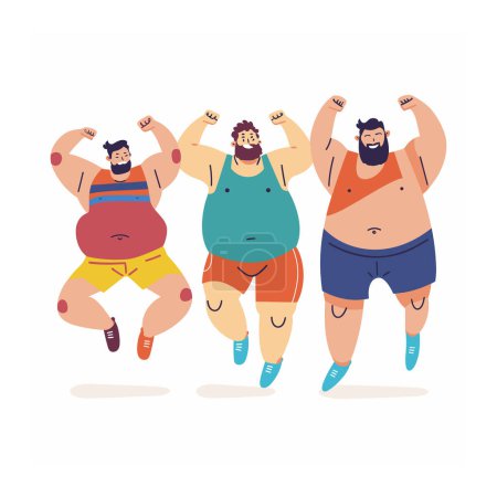 Illustration for Three plus size men joyfully dancing, their faces showing happiness confidence. Different body shapes celebrated joyful dance, colorful athletic wear enhancing their energetic movement. Body - Royalty Free Image