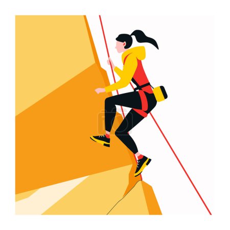 Female climber scaling rock face safety gear. Woman engaged rock climbing activity, displaying strength focus. Climbing adventure illustration featuring sporty character harness