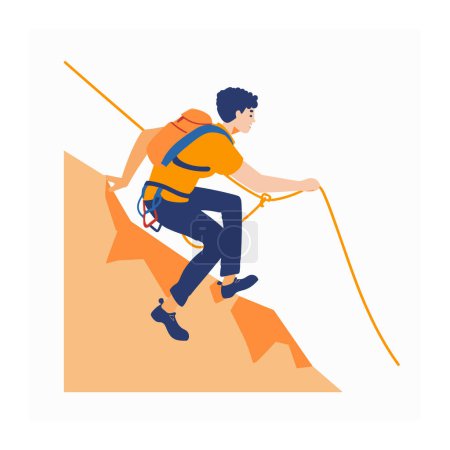 Joven escalador masculino ascendiendo una cuerda empinada en el acantilado. El hombre se dedica a escalar en roca usando arnés de seguridad, casco. Aventura deporte vector ilustración aislado fondo blanco