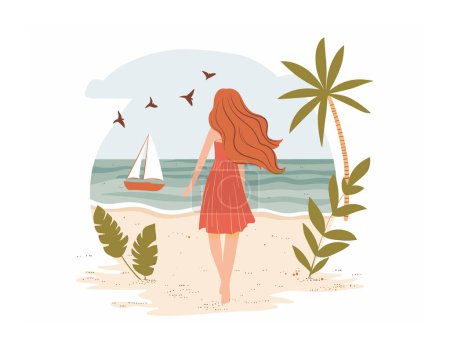 Mujer pelirroja caminando por la playa, observando velero, aves volando, escena tropical. Paisaje oceánico tranquilo, costa arenosa, palmera, concepto de vacaciones tropicales de ocio. Ambiente sereno de playa, pelirroja femenina